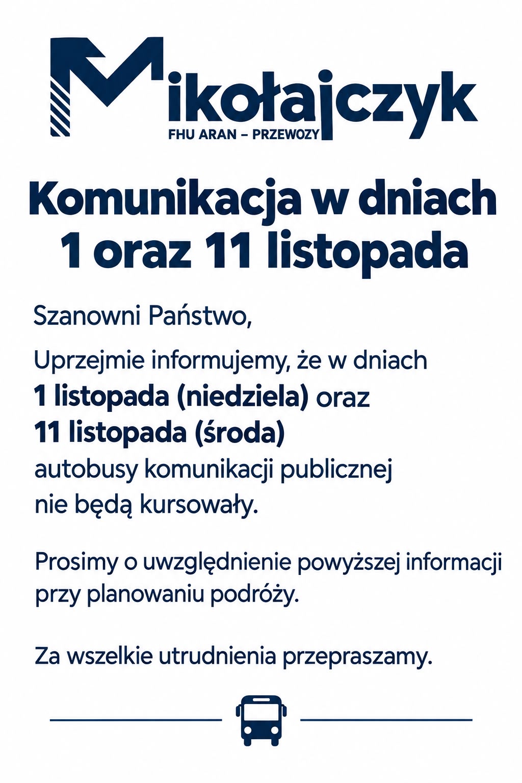 Komunikacja w dniach 01 oraz 11 listopada